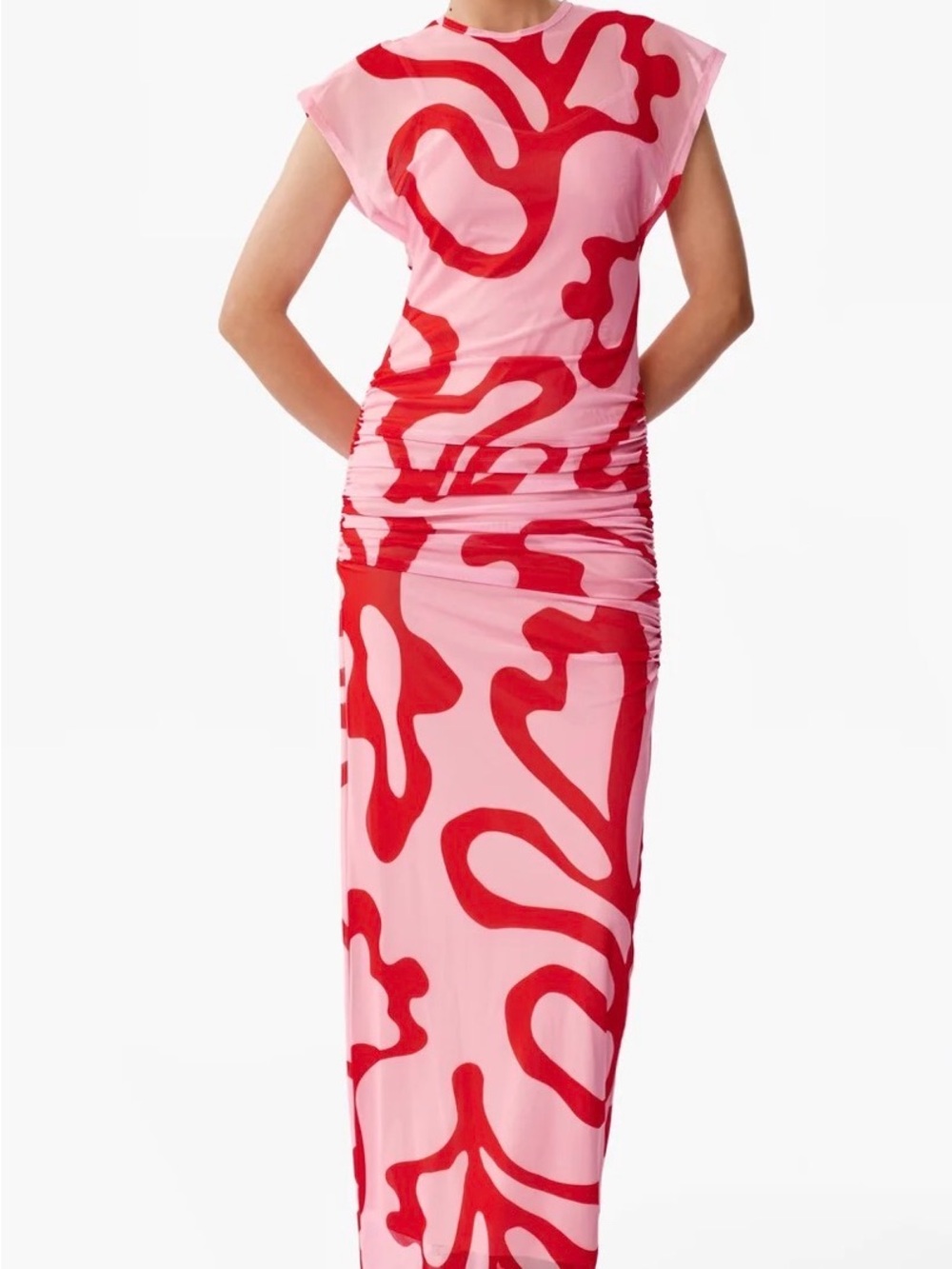 Pink & Red Abstract Ruched Maxi Dress